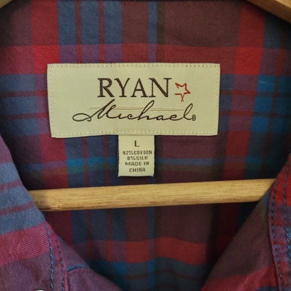 Ryan Michael Men's Red and Blue Plaid Casual Snap Button Down Shirt Size L - Picture 2 of 5